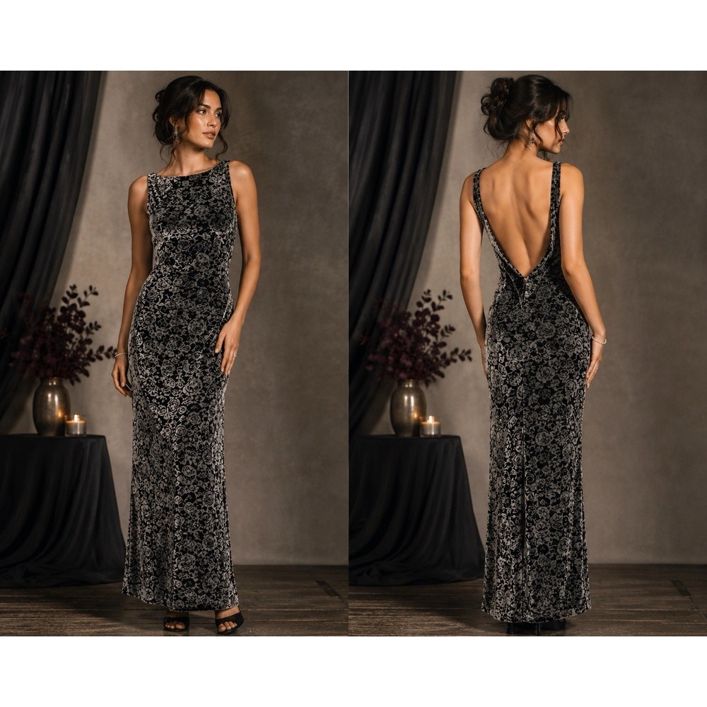 Rhapsody Maxi Gown 8 Black Silver Velvet Burnout Open Back 90's Column Goth